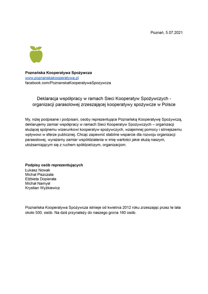 Kooperatywa Poznańska - deklaracja współpracy